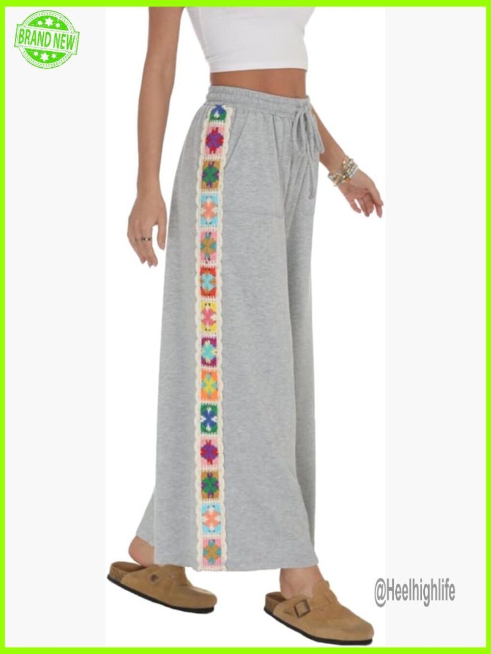 Wide Leg Pants Stretch Drawstring Waist Lounge Sweatpants Crochet Panel Pockets